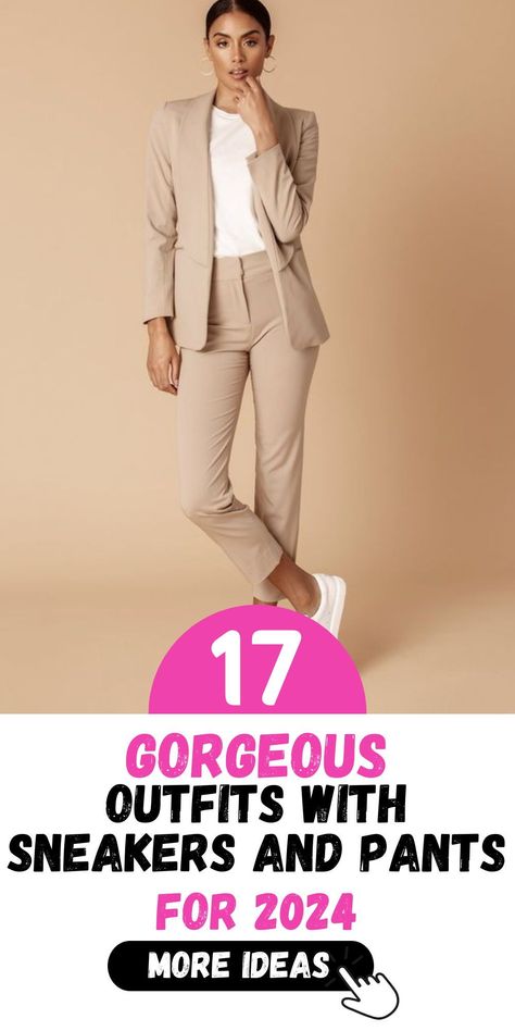 Make a fashion statement with our selection of 17 outfits showcasing sneakers and pants in 2024. Whether you're going for a casual or dressed-up look, pairing sneakers with pants creates a modern and stylish outfit. From denim jeans to elegant satin trousers, our curated collection offers options for every occasion. Explore our range and redefine your wardrobe today. Women’s Workwear With Sneakers, White Sneakers Professional Outfit, Womens Suits With Tennis Shoes, Dressing Up Sneakers For Work, Work Pants With Tennis Shoes, Professional With Sneakers, Work Outfits With Running Shoes, Sneakers For Work Women, Business Sneaker Outfit