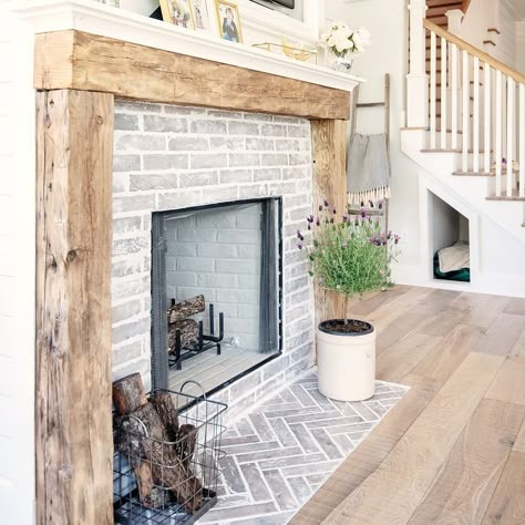 Grey Wash Brick, Wash Brick Fireplace, Herringbone Fireplace, White Wash Fireplace, White Wash Brick Fireplace, Hearth Tiles, White Brick Fireplace, Brick Hearth, Brick Fireplace Makeover