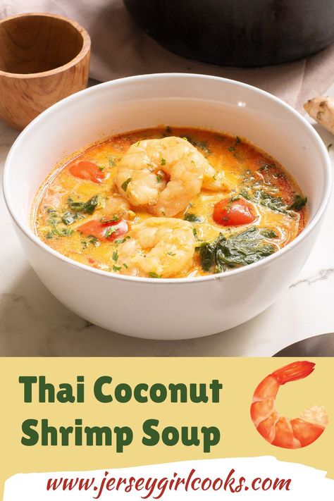 Looking for a quick and healthy meal that’s full of flavor? This Thai Coconut Shrimp Soup is a must-try! Loaded with tender shrimp, fresh veggies, and creamy coconut milk, it’s the perfect balance of sweet and spicy. Ready in just 20 minutes, this delicious soup is ideal for busy weeknights or a cozy lunch. Serve it with jasmine rice, quinoa, or couscous for a heartier dish. Plus, it’s easy to customize with your favorite veggies or protein. Pin this recipe to enjoy a taste of Thailand at home! Thai Coconut Soup Shrimp, Shrimp Thai Soup, Thai Coconut Shrimp Soup, Coconut Soup Thai, Thai Coconut Soup Vegetarian, Thai Coconut Shrimp, Thai Shrimp Soup, Coconut Jasmine Rice, Thai Soup Recipes