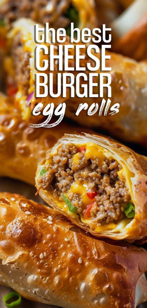 Cheeseburger Egg Rolls [30 Minutes] – Chasety Egg Roll Recipes Ground Beef, Something To Cook For Dinner, Cheeseburger Egg Roll Recipes, Cheesy Beef Egg Rolls, Food Ideas Ground Beef, Hamburger Wonton Recipes, Bomb Dinner Recipes, Meal Ideas For Ground Beef, Hamburg Dinner Ideas