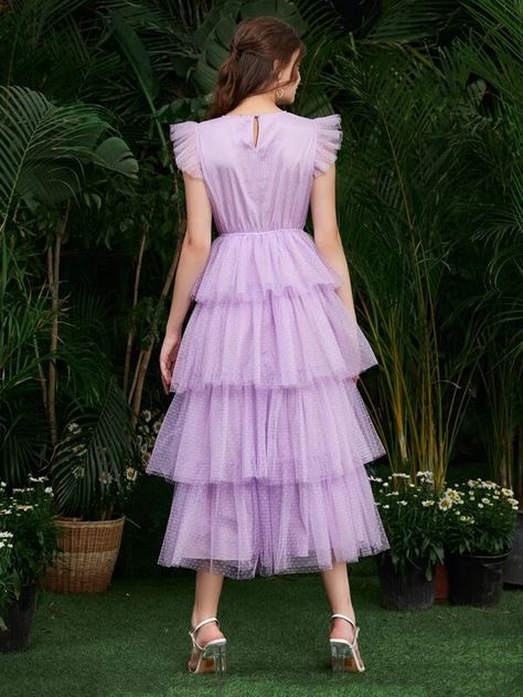 SHEIN Ruffle Armhole Layered Hem Dobby Mesh Dress | SHEIN USA 2020 Clothes, Tulle Dresses, Clueless Outfits, November Wedding, Clothes Pattern, Indian Gowns, Purple Pattern, Bodycon Dress Parties, Floral Dress Summer