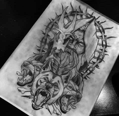 Greek Mythology Hades Tattoo, Hades Tattoo Mythology, Hades And Cerberus Tattoo, Cerberus Tattoo Greek Mythology, Hades Tattoo Design, Hades And Cerberus, Hades Tattoo, Hell Hounds, Greek God Tattoo