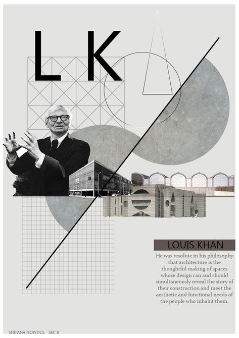 Poster on louis khan and his repeating elements from his works. Circle of concrete- use of brutalism from his work Triangular and sqaure grids Solid shapes at facade Few of his known works Editing done in -photoshop #posterart #posterdesigns #architecture #louiskhan #architect #photoshop #poster Poster Architecture Presentation, Louis Khan, Grid Architecture, Photoshop Poster Design, Poster Architecture, Landscape Architecture Diagram, Deconstructivism, Architecture Portfolio Design, Poster Design Layout