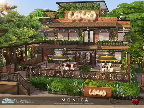 The Sims Resource - Monica restaurant - no cc Restaurant Design Sims 4, Restaurant In Sims 4, Sims 4 Restaurant Floor Plan, Sims 4 Outdoor Restaurant, Sims 4 Newcrest Restaurant, Sims Fancy Restaurant, Sims Cc Restaurant, Sims4 Restaurant Ideas, Sims 4 Restaurant Ideas Layout