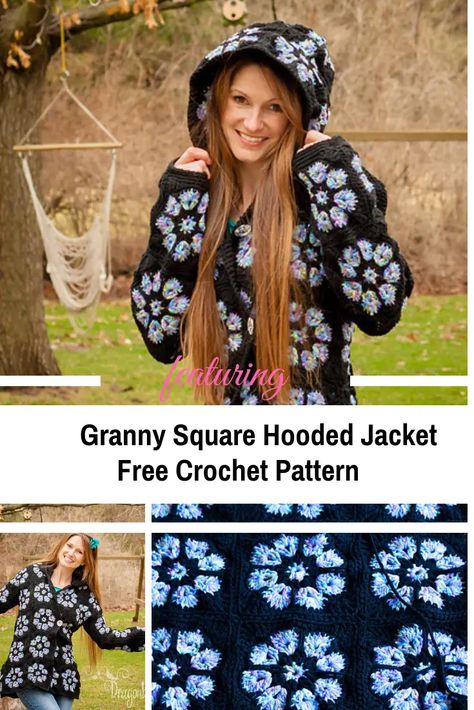 Easy Crochet Granny Square Hooded Jacket Free Pattern - Daily Crochet Granny Clothes, Long Summer Skirt, Easy Crochet Granny Square, Whimsical Crochet, Crochet Vests, Granny Square Sweater, Granny Square Crochet Patterns Free, Black Crochet Dress, Crochet Sweaters