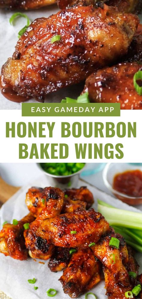 Sweet, savory, and sticky, these honey bourbon chicken wings are the perfect appetizer or party snack! Glazed with a rich honey bourbon sauce, these wings have a delicious balance of sweetness and a hint of smokiness. Whether you're hosting game day or simply craving a flavorful bite, this easy-to-make recipe will be a hit with everyone. Serve them up for an irresistible dish that's finger-licking good! Whiskey And Wings Party, Honey Glaze Chicken Wings, Chicken Wing Bouquet, Wingsgiving Party, Chicken Wing Flavors Recipes, Game Day Lunch Ideas, Bourbon Wings Recipe, Bourbon Wing Sauce, Honey Old Bay Wings