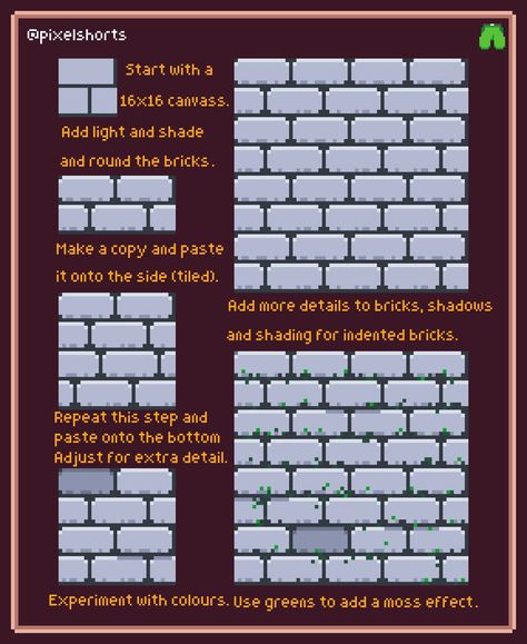 Bricks (Pixel art tutorial techniques) Pixel Art Texture Tutorial, Pixel Art Brick Wall, Pixel Art Tileset 16x16, Shading Pixel Art, Brick Pixel Art, Learn Pixel Art, 100x100 Pixel Art, Pixel Art Techniques, Pixel Art Challenge