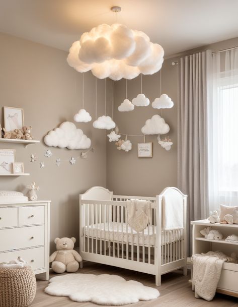 Cloud Light Nursery, Small Nursery Themes, Clouds In Nursery, Baby Girl Nursery Room Ideas Neutral, Sloped Ceiling Nursery Ideas, Cloud Baby Room Ideas, In The Clouds Nursery, Heaven Nursery Theme, Baby Nursery Hot Air Balloon