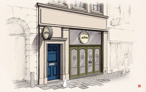 Shop front illustration Shop Illustration Store Fronts, Store Front Design, Prop Modeling, Store Drawing, Shop Sketch, Cafe Exterior, Illustration Cat, Shop Sign Design, Shop Front Signage