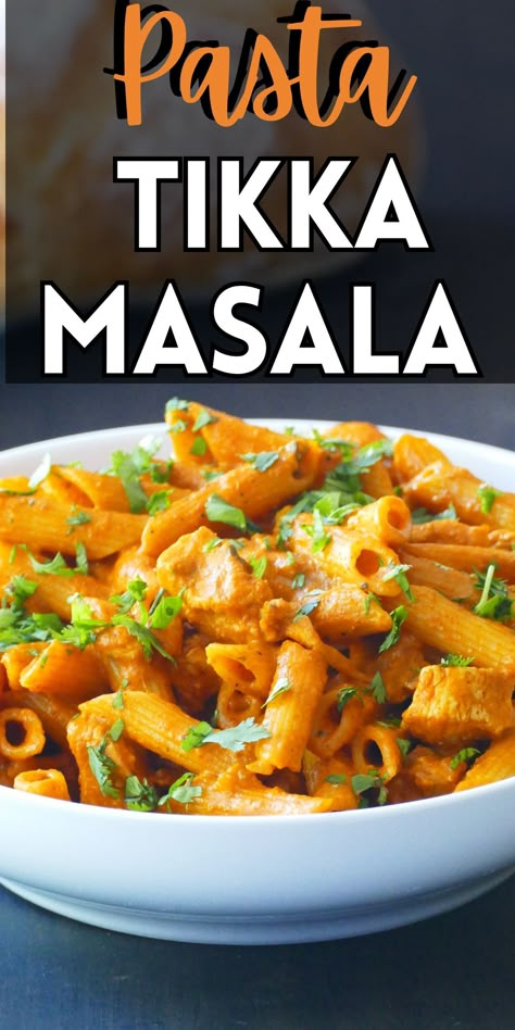 Bowl of colorful curry pasta with cilantro and text "pasta tikka masala". Chicken Tikka Masala Pasta, Tandoori Pasta Recipe, Chicken Tikka Pasta, Tikka Masala Pasta, Indian Noodles Recipe, Curry Pasta Recipe, Masala Pasta Recipe, Garam Masala Recipe Dishes, Indian Pasta Recipes