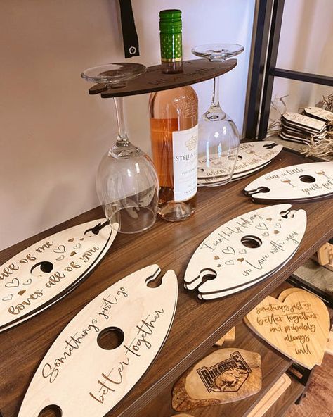 Wine Bottle Wood Holder, Wine Wood Holder, Wine Glass Caddy, X Tool Projects, Wine Glass Gift Ideas, Cricut Wood Projects, Wine And Glass Holder, Personalized Wood Gifts, Wine Bottle And Glass Holder