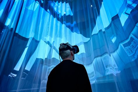 danish studio POINT creates a multimedia experience in debut exhibition in copenhagen Textile Installation, Vr Room, Architecture Center, Danish Architecture, Sketching Tools, Vr Experience, Exhibition Booth, Traditional Architecture, Exhibition Space