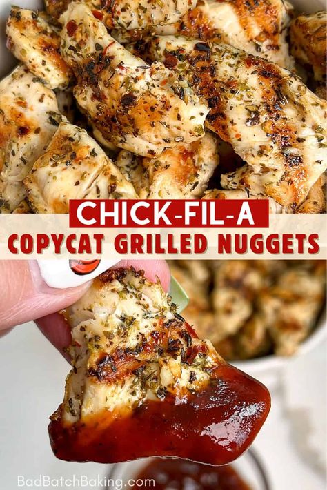 Chickfila Grilled Nuggets Recipe, Grilled Chicken Nuggets Recipe, Chick Fil A Chicken Recipe, Chick Fil A Copycat, Grilled Nuggets, Chicken Main Course, Chick Fil A Nuggets, Batch Baking, Family Favorite Recipes