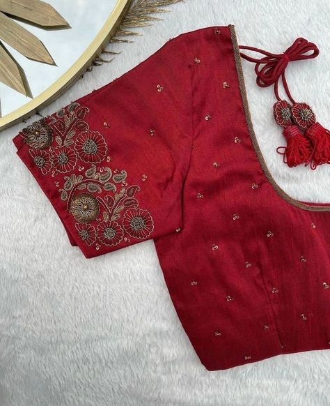 "Stunning Red Maggam Work Blouse at SM Designs! 🔥 Make a bold statement with our Red Maggam Work Blouse, designed for those who love elegance and tradition. Crafted from high-quality Half Pattu/Raw Silk fabric, this blouse features exquisite maggam embroidery, perfect for bridal wear, festive events, and celebrations. Elevate your ethnic wardrobe with this luxurious design, available in customizable colors and sizes. 🌸 Fabric: Half Pattu / Raw Silk 🌸 Dispatch: 4 days 🌸 Price: ₹2200 for unst... Zardosi Blouse, Embroidery Blouse Saree, Hand Embroidery Blouse, Red Saree Blouse, Ready Made Blouse, Maggam Blouse, Stitched Saree, Checks Saree, Blouse Crop