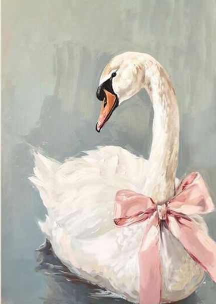 White Swan, Pink Ribbon, Pink Bow, Ribbon, Canvas, Pink, Art