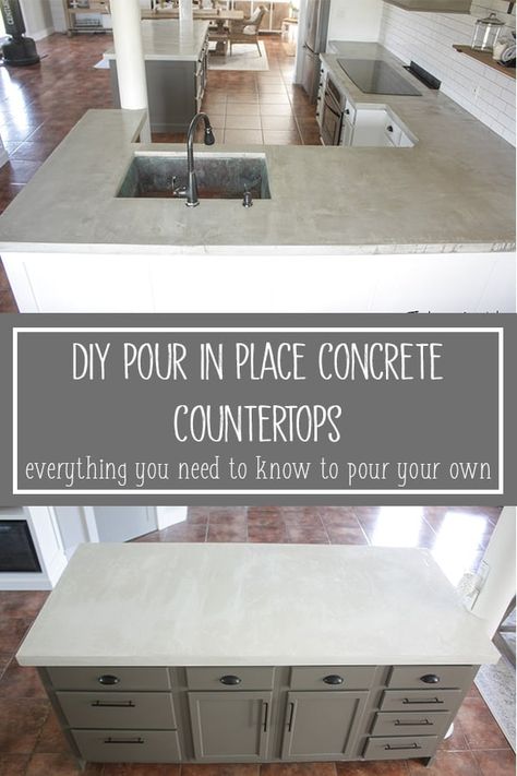 DIY Concrete Countertops - Pour in Place Farmhouse Cement Countertops, White Cement Kitchen Countertops, Modern Concrete Countertops, White Marbled Concrete Countertops, Concrete And Glass Countertops, Creative Countertop Ideas, Polished Concrete Kitchen Countertops, White Cement Countertops Kitchen, Light Gray Countertops Kitchen