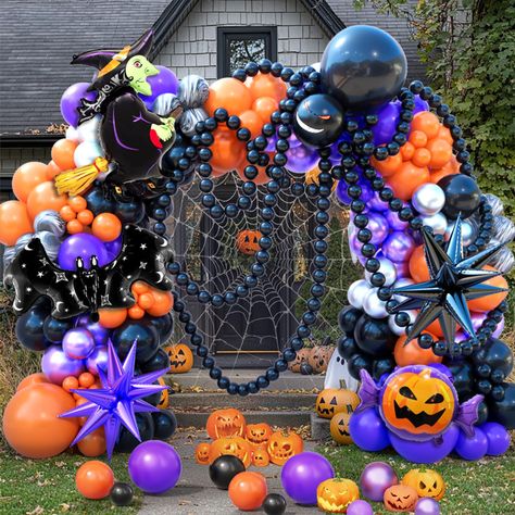 PRICES MAY VARY. 【Package include】HALLOWEEN BALLOONS KIT:178pcs halloween balloon arch kit,Package includes:3x18inch balloons（black * 1，Purple* 1，Orange* 1）15x12inch balloons（black *5，Purple*5，Orange* 5）75x10inch balloons（black *15，Purple*15，Orange*15，Marble Agate*10，Metallic silver*10，Metallic purple*10）76x5inch balloons（black *40，Purple*18， Orange*18），2x22inch exploding star balloon（black * 1，Purple* 1），1Pcs 3D Eyeglasses Stickers，1Pcs Pumpkin Candy Balloon，1Pcs Bat Balloon，1Pcs Witch Balloon， Halloween Balloon Arch Ideas, Halloween Balloon Decor, Indoor Halloween Party, Bat Balloon, Halloween Balloon Arch, Exploding Star, Candy Balloons, Halloween Balloon, Balloons Arch