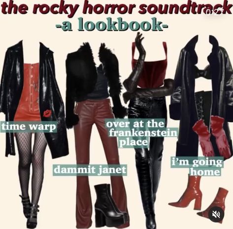 Leather Jacket Outfit Rocker Style, Outfits For Rocky Horror, Lilith Aesthetic Outfit, Goth Rockstar Outfits, Rocky Horror Outfit Inspiration, Party Rock Outfit, Vampy Aesthetic Outfit, Villain Era Aesthetic Outfits, Rocky Horror Inspired Outfit