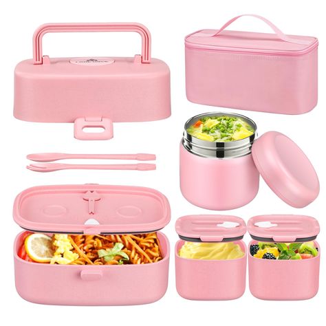 PRICES MAY VARY. 3-in-1 Bento Lunch box - The bento box includes 1 x lunch box, 2 x leak proof food containers, and Spoons&forks.3 separate compartments designed to store different delicacies, suitable for school, travel, and work use. Safe Material - The lunch box is made of safe and environmentally friendly materials. It does not contain any harmful substances and can be used with confidence. 100% BPA free. 8oz Soup Thermo - 8oz Hot Food Jar double walled stainless steel insulation design, whi Aesthetic Lunch Containers, Lunch Boxes For Teens, Lunch Bento Box Ideas, Amazon Ads, Cute Bento Boxes, Cute Lunch Boxes, Lunch Box Containers, Cool Lunch Boxes, Lunch Box Set