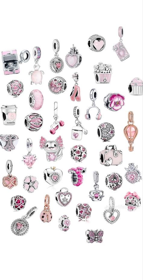 Pink Pandora Charms, Pandora Charms Pink, Pink Charm Bracelet, Pandora Bracelet Charms Ideas, Pandora Bracelet Designs, Pandora Armband, Pandora Jewelry Charms, Pandora Pink, Pink Charm