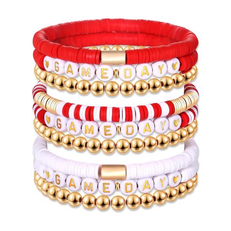 PRICES MAY VARY. Show off your team spirit with this game day bracelets,it features a set of 9 heishi beaded bracelets,adorned with 6mm red and white polymer clay vinyl disc beads and with White & Gold Letter Beads spelling "GAME DAY",Wear these red black team color bracelets with your favorite team game day outfits to complete your game day look in style The white red game day bracelets design adds a pop of energy and flair to your game day ensemble. These colors are synonymous with team spirit The Office Bracelets, Heishi Jewelry Bracelets, 49ers Bracelet Ideas, Clay Bead Bracelet Ideas Thanksgiving, Best Friends Bracelet, Clay Bead Bracelet Ideas Sports, Holiday Beaded Bracelets, Game Day Bracelets, Holiday Clay Bead Bracelets