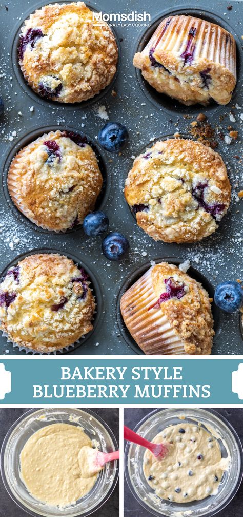 These blueberry muffins are bursting with juicy fresh blueberries and a sweet crumb topping. They're extra fluffy and moist — thanks to a secret ingredient in the batter! Blueberry Muffins For A Crowd, Hearty Blueberry Muffins, Blueberry Muffin Recipes Best, Blueberry Muffins In A Jar, Giant Blueberry Muffins Recipe, Bakery Style Muffins Blueberries, Blueberry Cake Muffins, 1 Cup Blueberry Recipes, Blueberry Muffins Bisquick Recipe