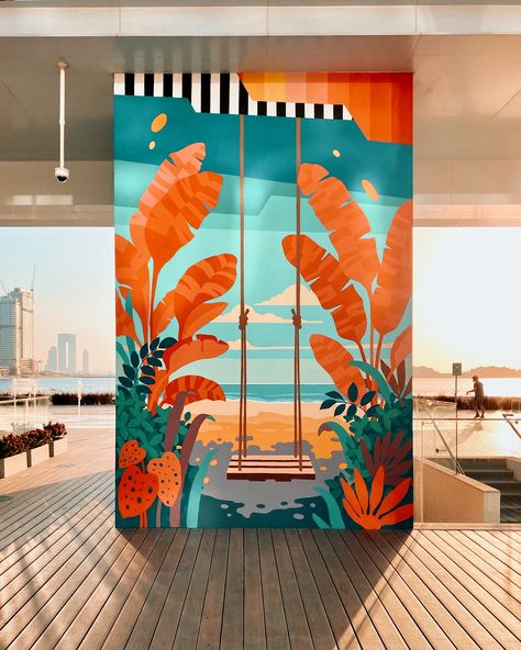 Wall Drawing Ideas, Beach Mural, Mural Art Design, School Murals, Murals Wallpaper, Wall Painting Decor, Dalian, Soyut Sanat Tabloları, Wall Drawing