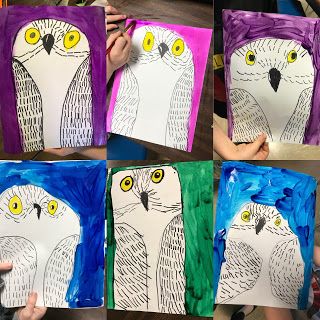 Elements of the Art Room: 1st grade Simply Cute Snowy Owls #elementaryartlesson #elementaryart #owls #elementsoftheartroom #1stgradeart #artlesson #primaryartlesson #primaryart #artteacher #studentart Owls Kindergarten, Snowy Owl Art, Grade 1 Art, Winter Art Lesson, Snowy Owls, First Grade Art, Kindergarten Art Projects, 2nd Grade Art, Winter Art Projects