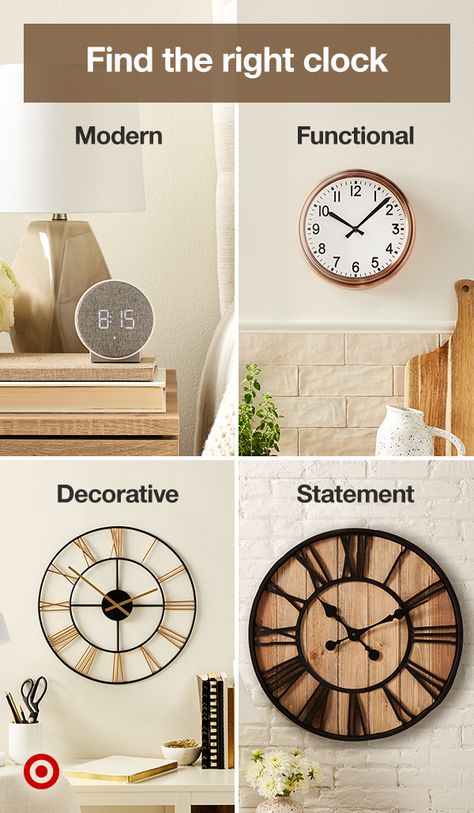 Clocks are a versatile home decor idea. Find the right size & style for an accent wall, gallery wall, living room, office & dining room. Wall Clock Living Room Ideas, Clock For Fireplace, Cozy Living Rooms Wall Clocks, Clock Ideas For Living Room, Living Room Clock Ideas, Big Wall Clock Decor Ideas, Bedroom Clock Ideas, Big Wall Clocks Living Rooms, Accent Wall Gallery