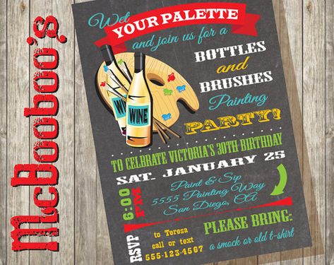 Chalkboard Bottles and Brushes Paint and sip Art by McBooboos Wine Party Invitations, Wine And Painting Party, Painted Invitations, Art Party Invitations, Sip And Paint, Brushes Paint, Wine Painting, Mermaid Birthday Invitations, Sip N Paint