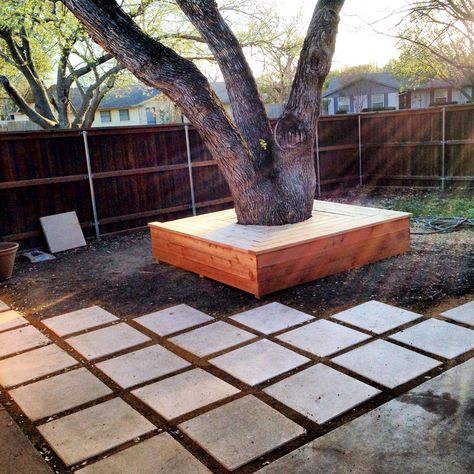 Bench Seat Around Tree, Patio Around Tree, Bench Around Tree, Bench Under Tree, Backyard Decking, Deck Around Trees, Bench Around Trees, Affordable Landscaping, Backyard Garage