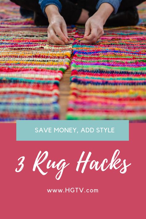 3 Rug Hacks: The DIY experts at HGTV.com show you how to transform inexpensive rugs into show-stopping masterpieces to save you money and make a major design statement. Floor Rugs Diy, Rug Hacks, Rug In Living Room, Rug Makeover, Make A Rug, Quick Easy Crochet, Crochet Guide, Inexpensive Rugs, Rag Rug Diy