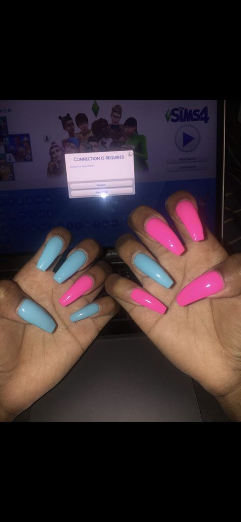 Bright Blue And Pink Nails, Opposite Nail Colors On Each Hand, Neon Pink And Blue Nails, Hot Pink And Blue Nails, Blue And Pink Nails, Pink And Blue Nails, Turquoise Acrylic Nails, Pink Blue Nails, Pastel Blue Nails