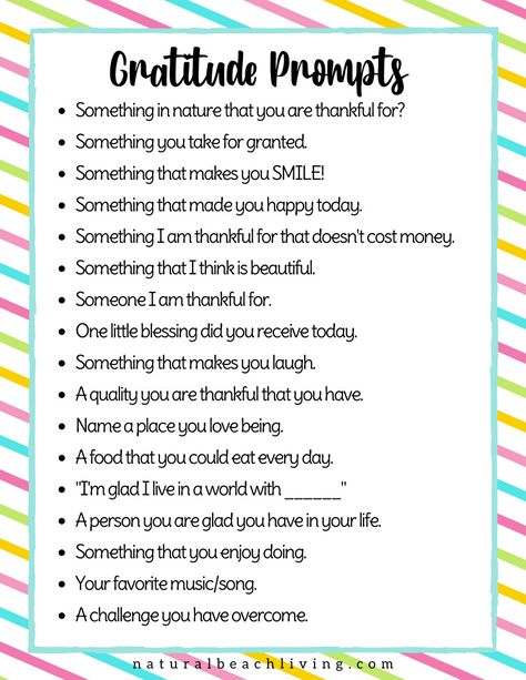 Gratitude List Ideas - Printable Gratitude Prompts and Daily Journal - Natural Beach Living Daily Grateful Journal Ideas, I Am Greatful For List, Examples Of Gratitude, Thankful Journal Prompts, Gratitude Journal Layout Ideas, Grateful List Ideas, Gratitude Journal Examples, Daily Gratitude Journal Ideas, Gratitude Journal Prompts For Kids