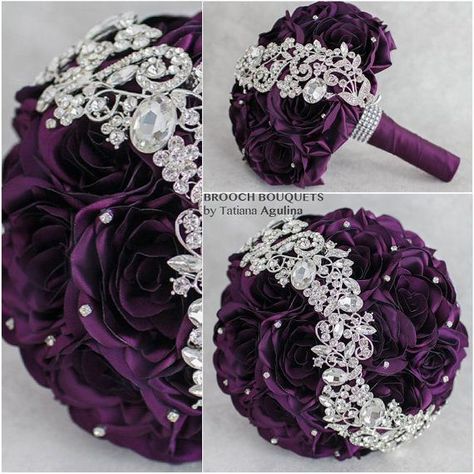 Bouquet Wedding Purple, Purple Brooch Bouquet, Purple Bridesmaid Bouquets, Silver Bouquet, Jewelry Bouquet, Purple Brooch, Purple And Silver Wedding, Fabric Bouquet, Jeweled Bouquet