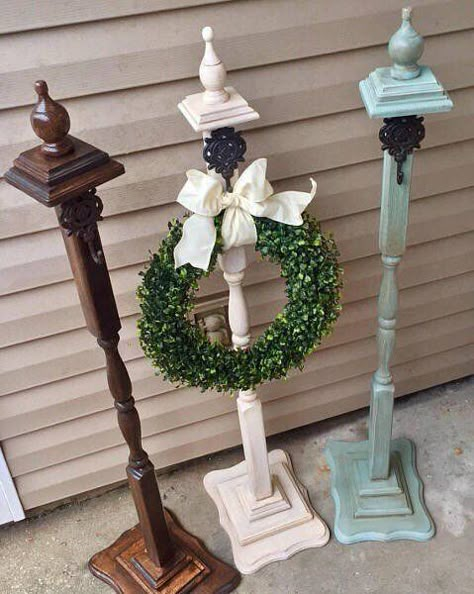 Spindle Ideas, Spindle Crafts, Wreath Holder, Stair Spindles, Farmhouse Porch Decor, Wreath Stand, Porch Posts, Wreath Hanger, Wood Post