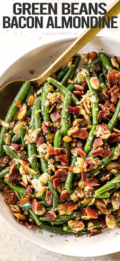 Green Bean Almondine Recipe, Recipes Dinner Party, Thanksgiving Green Beans, Green Beans Side, Green Beans With Almonds, Green Beans Almondine, Green Beans Side Dish, Green Beans With Bacon, Carlsbad Cravings