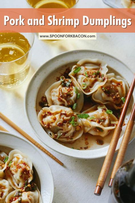 I think I could eat these pork and shrimp dumplings every single day and never get sick of them. There’s SO much you can do with them from deep frying to pan frying to steaming to boiling; plus there are SO many different flavor and filling combinations you can create! The filling we’re using today is so simple, but packed with tons of flavor. | appetizer recipes | shrimp recipes | dumplings recipes | asian recipes | freezer meals | Chicken Shrimp Dumplings, Shrimp And Pork Dumplings, Pork And Shrimp Dumplings, Shrimp Dumplings Recipe Easy, Steamed Shrimp Dumplings, Recipes Freezer Meals, Shrimp Dumplings Recipe, Recipes Dumplings, Dumplings Asian