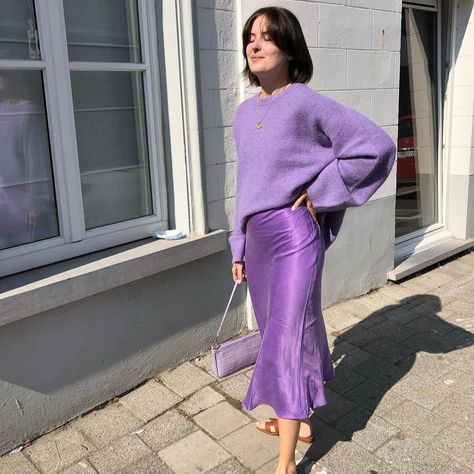 Formal wear
Womens outfit
Clothing 
Satin skirt
Sweater
Spring outfit Hermes Sandals Aesthetic, Satin Slip Dress Outfit Casual, Lavender Skirt Outfit, Purple Satin Skirt, Slip Dress Outfit Fall, Satin Slip Dress Outfit, Purple Skirt Outfit, Silk Skirt Outfit, Purple Satin Dress