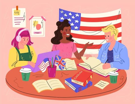 Students learning American and British English stock illustration American And British English, Chinese Pronunciation, English Ielts, Hello English, English Subject, Vector Illustration People, Ielts Preparation, Modern School, English Word Book