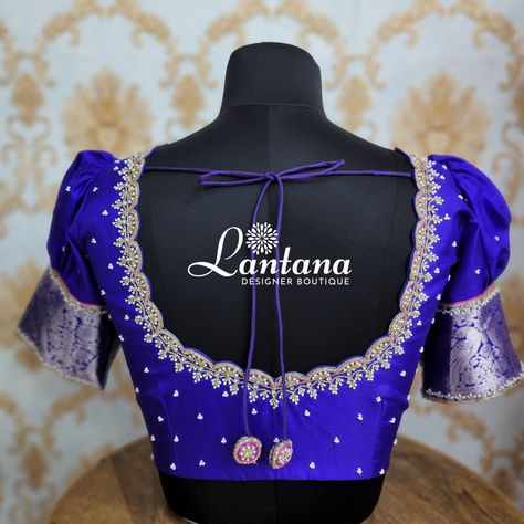 Blue embroidery blouse design Silver Colour Maggam Work Blouse, Silver Work Blouse Designs For Pattu Sarees, Blue Color Blouse Designs, Simple Pattu Blouse Designs, Blue Colour Blouse Designs, Magam Work, Blue Blouse Designs, Maggam Blouse, Netted Blouse Designs