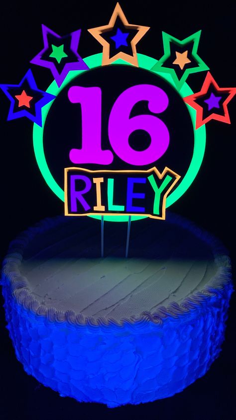 neon number cake topper with name and stars that glows under black light Glow Party Cake, Neon Cake Topper, Neon Cake, Glow Party Decorations, Neon Cakes, Birthday Cake Decor, Glow Birthday Party, Glow Birthday, Glow Party