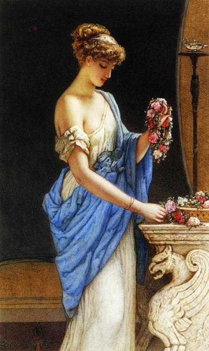 James Sant - A Girl in Classical Dress Arranging a Garland of Flowers, 1874 Ancient Greece Aesthetic, Greece Women, John William Godward, Classical Dress, Greek Paintings, Istoria Artei, Grece Antique, Famous Paintings, Pre Raphaelite