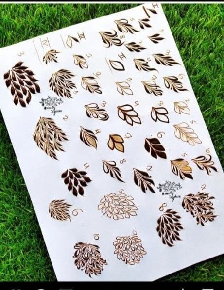 Leaves styles in henna idea on paper (henna leaves template) Gulf Leaves Henna Design, Henna Designs New, Best Henna Designs, Henna Classes, Mehndi Practice, Mehndi Classes, Mehndi Book, Learn Henna, Feet Henna