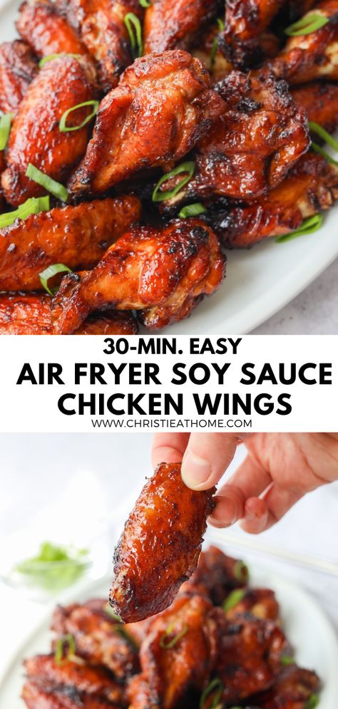 30-min. Air Fryer Soy Sauce Chicken Wings. Tender juicy wings marinated in a honey soy garlic sauce made easily in the air fryer. #asian sticky wings #asian chicken wings recipes #wing marinade recipes #chinese chicken wings Air Fryer Soy Sauce Chicken, Air Fryer Korean Chicken Wings, Wing Marinade Recipes, Wing Marinade, Soy Garlic Sauce, Soy Sauce Chicken Wings, Vegetarian Stir Fry Sauce, Honey Soy Chicken Wings, Chicken Wings Recipes