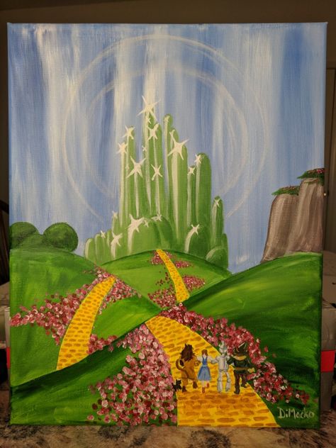 Wizard of Oz: acrylic on canvas Wizard Of Oz Watercolor Art, The Wizard Of Oz Painting, Wizard Of Oz Mural, Emerald City Painting, Wizard Of Oz Watercolor, Wizard Of Oz Drawing Easy, Wizard Of Oz Painting Ideas, The Wizard Of Oz Drawing, Wizard Of Oz Fanart