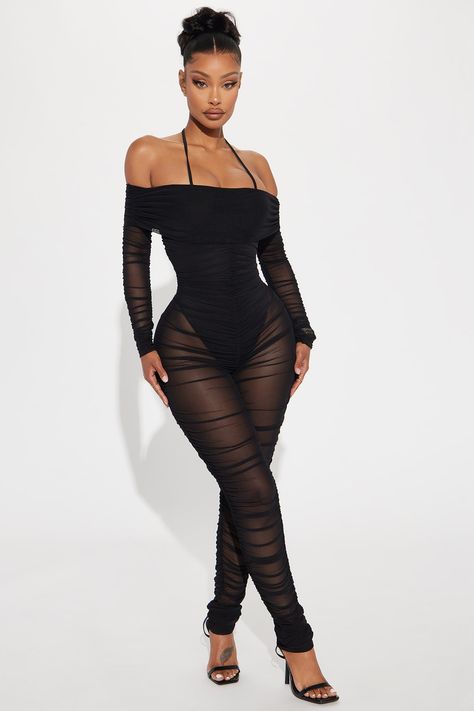 Available In Black And White. Mesh Jumpsuit Long Sleeve Off Shoulder Tie Halter Bodysuit Lining Ruched Legging Stretch Final Sale Shell/ Lining: 95% Polyester 5% Elastane Imported | Highly Favored Mesh Jumpsuit in Black size XS by Fashion Nova Mesh Jumpsuit Outfit Black, Mesh Jumpsuit Outfit, Jumpsuit Outfit Black, Highly Favored, Jumpsuit Long Sleeve, Mesh Jumpsuit, Ruched Leggings, Jumpsuit Long, Halter Bodysuit