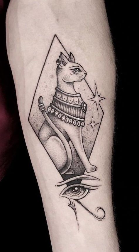 Spiritual Tattoo: 20 Ideas And Their Meanings + Stunning Examples Bast Tattoo, Bastet Tattoo, Egyptian Cat Tattoos, Kitty Tattoos, Spiritual Tattoo, Egyptian Cat Goddess, Egyptian Tattoo Sleeve, Universe Tattoo, Egypt Tattoo