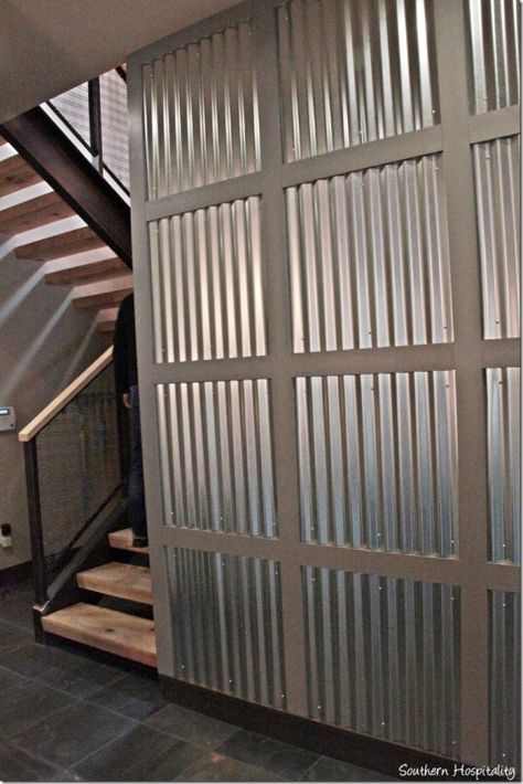 Corrugated Wall, Corrugated Metal Wall, Hgtv Dream Homes, Rustic Metal Decor, Metal Wall Panel, Hgtv Dream Home, Stair Case, Tin Walls, Basement Walls