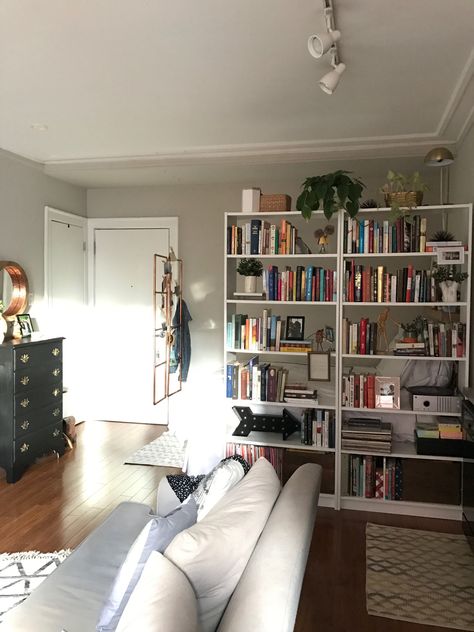 Two BILLYs without the backs as room dividers. Billy Room Divider, Dividing Rooms Without Walls, Ikea Dressing Room, Small Dressing Rooms, Copper Bedroom, Large Bookshelves, Old Kitchen Cabinets, Tv In Kitchen, Studio Apt